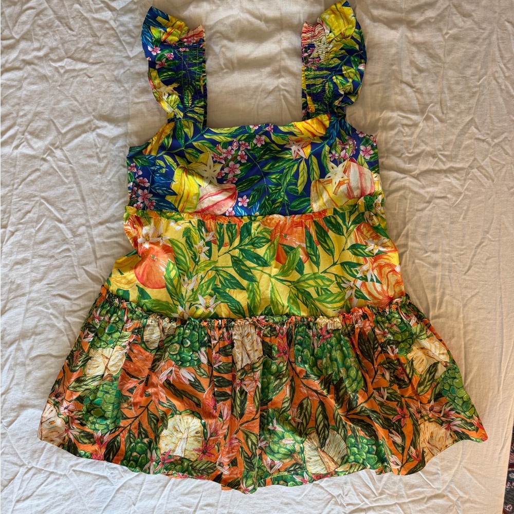 Farm Rio Tropical Fruit Floral Mini Dress XL Sleeveless Tiered - Picture 7 of 10